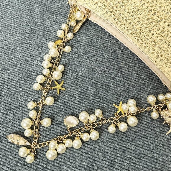 Pearl Straw Clutch Purse for Women Summer Vacation Purses Beach Evening Bag Bead - Picture 5 of 7